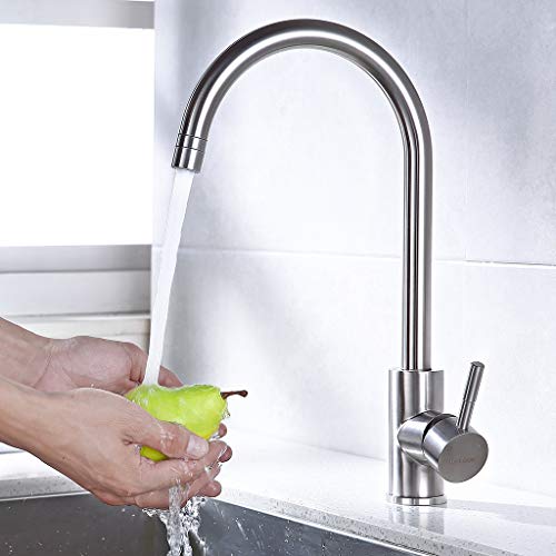 WELQUIC Grifo de cocina Acero inoxidable, Mezclador de fregadero giratorio de 360 °, Disponible en frío y caliente, Silver-SYD1001