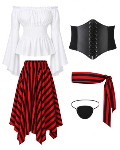 Cosrea Pirate Costume Adult Women Renaissance Shirt Bandana Corset Waist Belt Eye Patch Halloween...