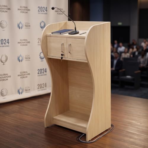 Image of TEKAVO KRONX Podium Lectern for Classroom, Auditorium, Office, Church & School | Sleek & Modern Lecture Stand | Ideal for Presentations, Speeches & Events, Mic /Portable(63x46x120 cm - Mile Oak)