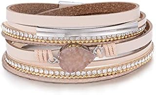 Multilayer Leather Bracelet Handmade Crystal Wrap Bangle with Magnetic Clasp Leather Wrap Bracelet