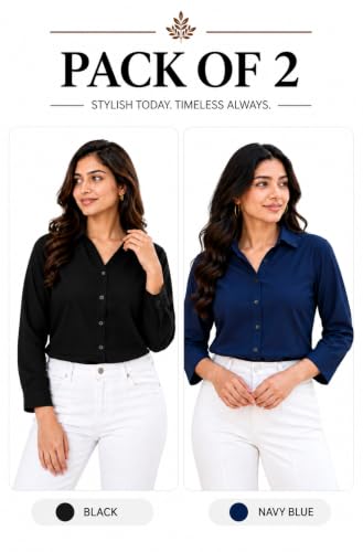 Image of FUNDAY FASHION Women Solid Regular Fit V Collered Casual Shirt (Pack of 2)
