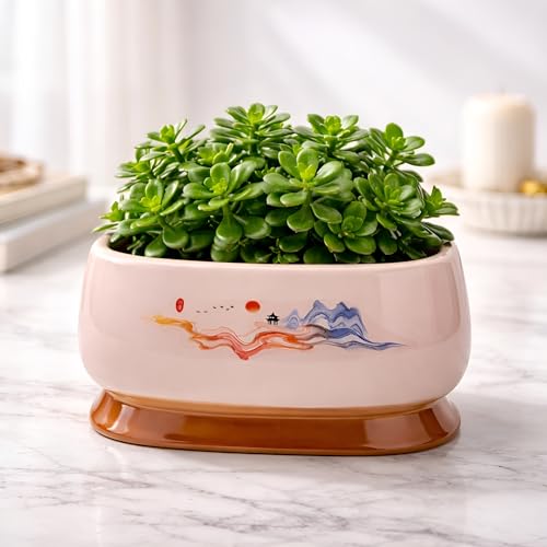 Image of Xtore Refined Artistic Oval Ceramic Planter Pot for Indoor & Outdoor Decor | Minimal Painted Landscape Flower Pot for Living Room, Balcony, Desk & Shelf Styling (19.3 cm x 13 cm) (Planter only)