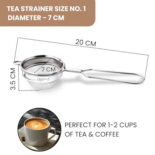 Image of Inme Tea Strainer with 304 Grade Stainless Steel Mesh, Chai Channi Chalni Jali, Coffee Milk Juice Oil & Tea Filter Strainers with Durable Long Wire Handle - Set of 2 (Diameter - 7 cm & 8 cm)