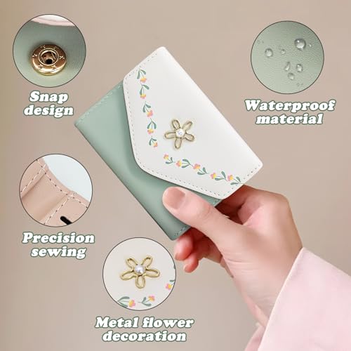 Small Wallet for Woman, Flowers Print Cute Leather Wallet Fashion Bifold Wallet with ID Window and Card Slots (Green)3