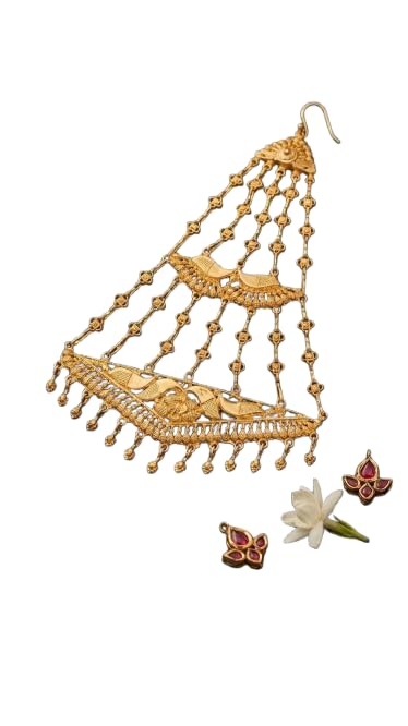 Image of Gold Plated Maang tikka Matha Patti Jhoomar Passa For Women Beautiful gold passa gold jhumar side Maangtika for bridal look