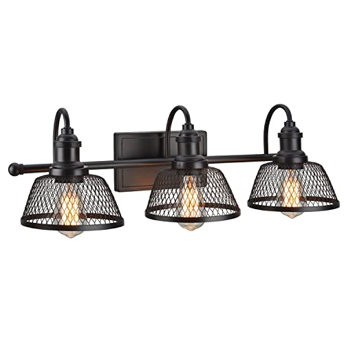 Image of Aspen Creative 62095, Three-Light Metal Bathroom Vanity Wall Light Fixture, 25 inch Wide, Transitional Design in Bronze with Metal Mesh Shade