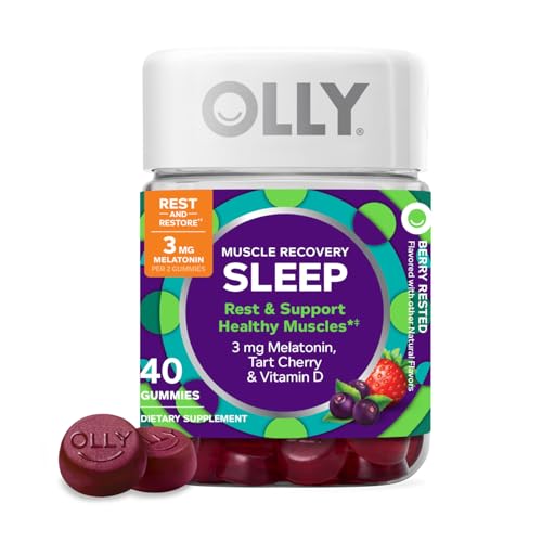 OLLY Muscle Recovery Sleep Gummies, Sleep and Sore Muscle Support, 3mg Melatonin, Tart Cherry, Vitamin D, Berry Flavor – 40 Count
