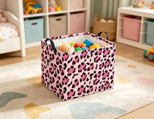 Image of Rectangular Baby Kids Storage Basket for Home Kitchen Girls Cute Toy Storage Bin Organizer Shelf Book Room Decor(Pink Leopard)