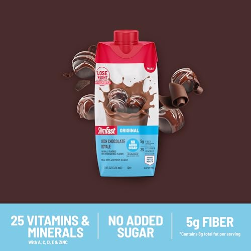 Image of SlimFast Meal Replacement Shake, Original Rich Chocolate Royale, No Added Sugar, Meal Replacement Shakes, 10g Ready to Drink Protein, 5g Fiber, 25 Vitamins and Minerals, 11 Fl. Oz, 12 Count