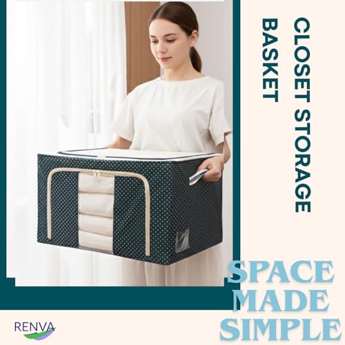 Image of RENVA 2 PCS polycotton Clothes Storage Organizer Bins, Foldable Storage Bins-Cloth Steel Frame Storage Box with Foldable Clear Window & Reinforced Handles (Blue, 66L-2)