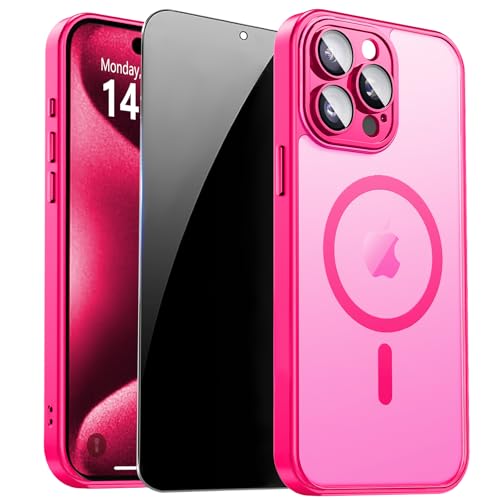 ZOZDOKG for iPhone 15 Pro Max Case with Privacy Screen Protector and Camera Protection Compatible with MagSafe Magnetic Matte Shockproof Phone Cover for iPhone 15 Pro Max Women/Girls, Hot Pink