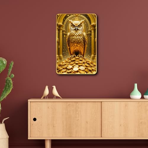 Image of Arkasto Golden Owl Sitting on Coins | Vastu Painting for Wealth & Prosperity | Golden Decorative Owl Wall Decor for Home & Office (Style-03, 12x18 inch)