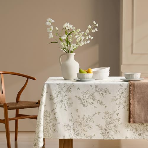 OMMATO Farmhouse Green Floral Tablecloth Vintage French Rustic Linen Tablecloths Rectangular with Flowers Pattern Burlap Textured Outdoor Table Cover for Picnic,Dining,Party,Home Decor 55x84 Inch by OMMATO - Image 4