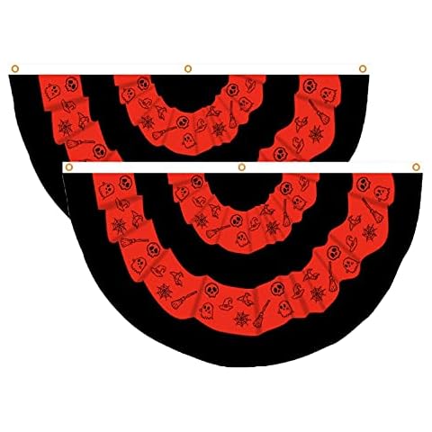 2 PCS Halloween Bunting Flag, Ghost Skull Broom Spider Web Outdoor Flag , 1.5x3 ft Hanging Pleated Fan Banner Yard Flag for Halloween Decor Cover