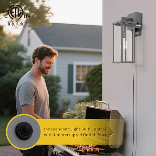 Image of mirrea 18 inch Classic Outdoor Wall Sconce with Built-in GFCI Outlet 1 Light in Matte Gray Rectangular Metal Frame and Clear Glass Shade Waterproof Porch Light Patio Light
