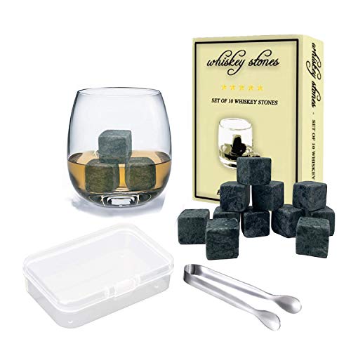 Whiskey Stone Set Box of 10 Chilling Stones and Tongs, Pure Soapstone