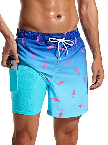 SILKWORLD Mens Compression Lined Swim Trunks Water-Resistant Swimming Shorts Bathing Suits - Quick Dry & Zipper Pockets, Blue Fish, X-Large