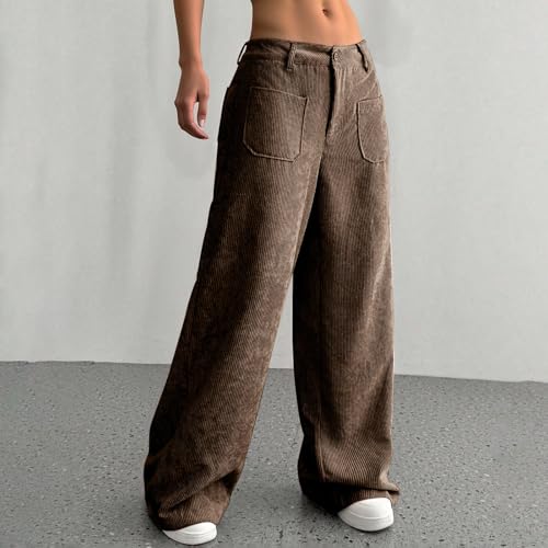 Wide Leg Corduroy Pants Women High Waisted Dress Pants for Work Loose Elastic Waist Pant with 4 Pockets Fall Clothes4