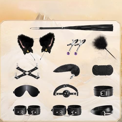 Image of BDSM Kit Toys 12Pcs Sex Bondage Restraints Butt Plug Tail Nipple Clamps Blindfold Handcuffs Collar Paddle Anal Butt Plug Cat Ears Sex Toys for Couple Black