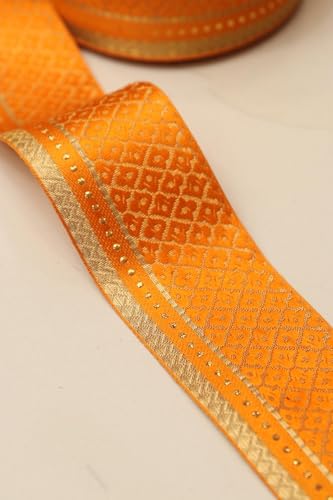 Image of Banarasi Silk Border Lace for Saree, Dupatta, Lehenga, Suit, Blouse & Home Furnishing, Crafting DIY (Mustard Gold, 9 Meters x 2.25 Inch)