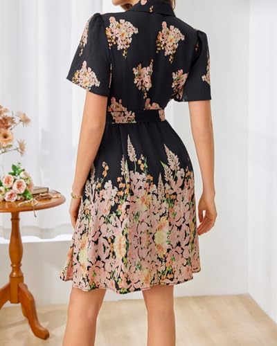 Image of Women Long Sleeve Spring Button Down A-Line Floral Print Summer Cocktail Shirt Dresses with Belt