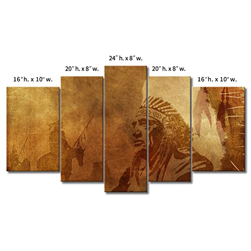 5 Panel Wall Art Brown Native American Chief Worriors On Horses Painting The Picture Print On Canvas People Pictures For Home Decor Decoration Gift Piece (Stretched By Wooden Frame,Ready To Hang) #TOP7