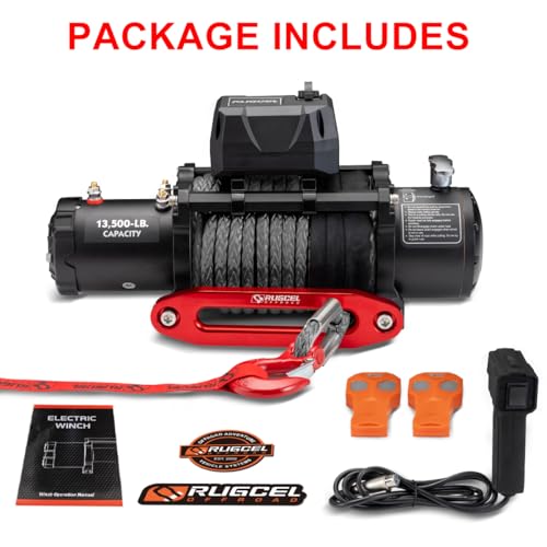 RUGCEL WINCH 13500lb Waterproof Electric Truck Winch 12V Synthetic Black Rope Winch with Hawse Fairlead,Wired Handle and 2 Wireless Remote,for Trailer and Wrangler in Car Lift