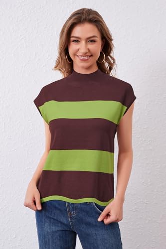 Image of Arach&Cloz Women's Striped Cap Sleeve Tops 2025 Spring Color Block Summer Lightweight Sweater Vest Mock Neck Shirts