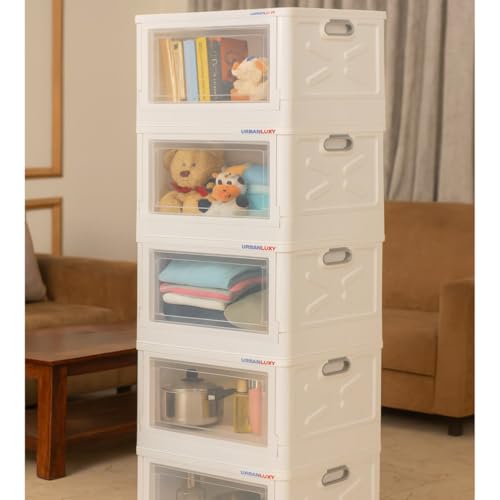 Image of URBAN LUXY Foldable Plastic Rack for Storage /Kitchen Cupboard /Sturdy Wardrobe for Clothes /Multipurpose Storage Organizer /Closet for Bedroom /Living Room /Laundry Room (White-Storage BIN - 2DOOR, 6PCS)
