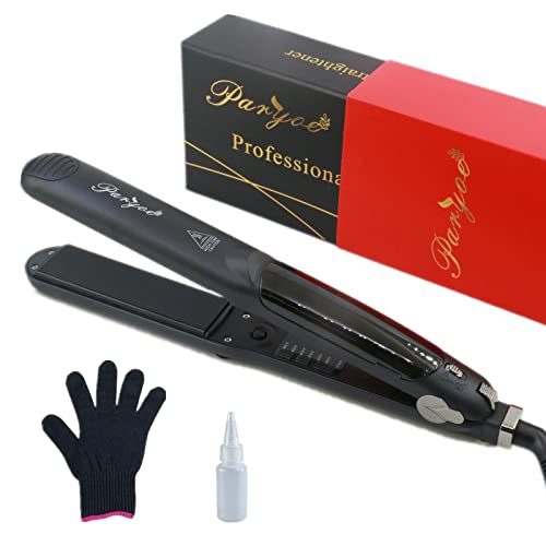 Paryoe Steam Hair Straightener Flat Iron Ceramic Tourmaline Professional Steam Styler with Heat-Resistance Glove, Dual Voltage, 1 1/4", Black