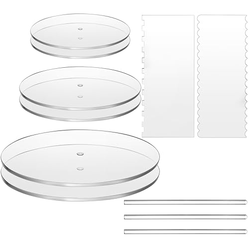 Coloch 11 Pieces Acrylic Cake Discs Set, Clear Cake Decorating Supplies with 6 Acrylic Discs, 2 Icing Scraper and 3 Center Dowel for 3 Tier Cake Making, Serving Bake Goods, 6.25/8.25/10.25 Inch