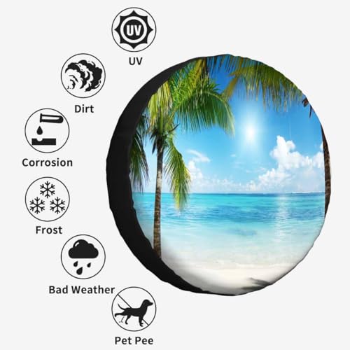 Image of Palms and Beach Spare Tire Cover Tropical Landscape Caribbean Wheel Covers for RV Tires Camper Tire Case Protectors for Trailer Rv SUV Truck Travel Trailer 17 in