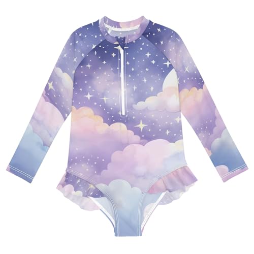 ALAZA Bathing Suits for Girls Toddler Girl Swimsuit Cute Clouds Star Long Sleeve UPF 50+ 5-6T