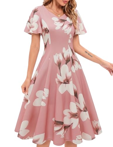 Image of HomRain Wedding Guest Dresses for Women Vintage Short Sleeves Casual Fit and Flare Cocktail Formal Dress for Tea Party