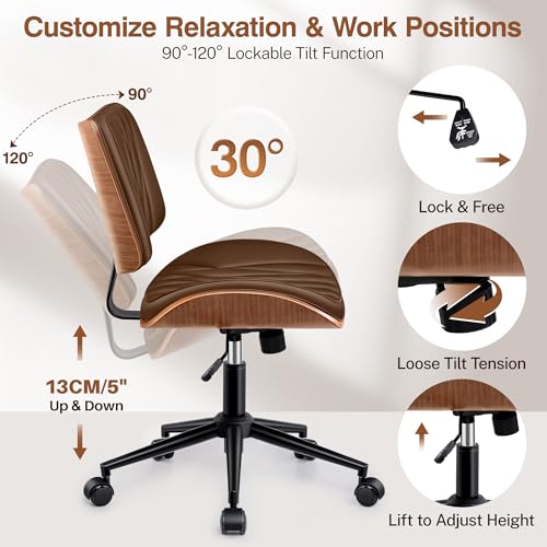 Image of Ergonomic Armless Office Desk Chair - Mid-Century Modern Khaki Faux Leather with Diamond Stitch, Adjustable Height Swivel Rolling Task Computer Chair with Walnut Accent for Home Office, Study & Work