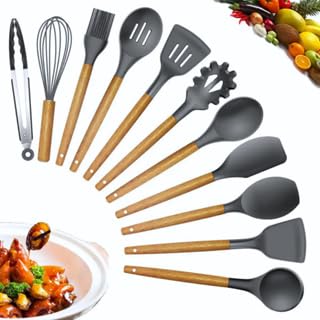 Jogo Utensílios Cozinha Silicone Cinza/Grafite Cabo Madeira Antiaderente Alta Temperatura Kit 12 Peç