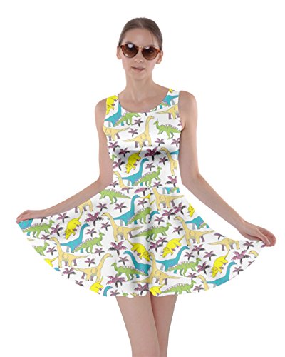 CowCow Womens White Dino Pattern Dinosaur Skater Dress, White - M