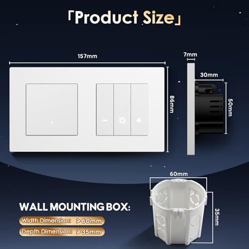 BSEED Smart Lichtschalter mit WiFi Dimmer Schalter, LED Dimmschalter Unterputz, Kompatibel mit Alexa&Google Home, PC Rahmen, Smarte Zeitpl&auml;ne, 1 Fach 1 Weg, Wei&szlig; (Neutralleiter Erforderlich)