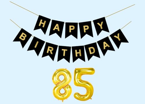 Image of 85th Happy Birthday Decoration Kit Black for 85 year Old Men Women Adults with Number Eighty-five Party Decorations Decor Celebration Items Item Set Combo Reusable Paper Banner