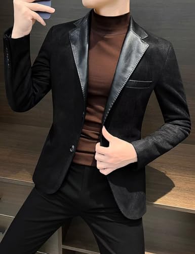 Men's Suede Blazer Jacket with Faux Leather Welding Collar Single Breasted Casual Business Sport Coat3
