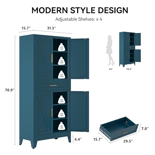 Image of COFaR 71 inch Pantry Cabinet with Drawer, Peacock Blue Storage Cabinet with Adjustable Shelves, 3-Section Modern Statement Cupboard for Kitchen & Bathroom