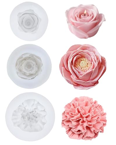 3 Stück Silikonformen Gießformen Blumen Kerzen Formen Silikon Blumen Rose Blumen Silikonform Nelke Pfingstrose Silikonformen Kerzenformen zum Gießen Blumen für Schokolade Kunsthandwerk Dekorationen