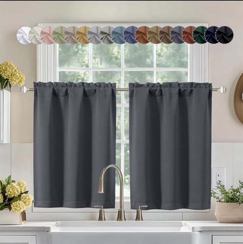 Image of Aiyufeng Grey Short 36 Inches Blackout Curtain 2 Panels Set, Half Window Rod Pocket Privacy Tiers for Kitchen, Curtains Blackout for Bathroom Shades, W40 x L36 Inch, Grey