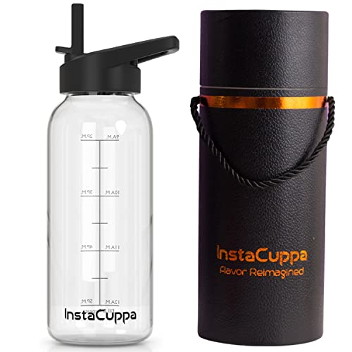 InstaCuppa Glass Water Bottle with Straw Sipper Lid, 650ml, Black, Set of 1