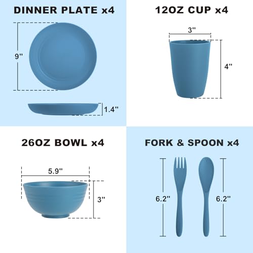 Image of Wheat Straw Dinnerware Sets for 4, Reusable Plastic Dinner Plates, Unbreakable Kids Plates and Bowls Sets 20 PCS, Dishwasher & Microwave Safe Kitchen Camping Dorm Dish Sets- Blue