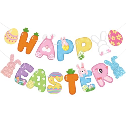 Image of Happy Easter Banner Bunny Party Decor Easter Garland with Eggs Chick Carrot Signs for Spring Party Classroom Home Wall Decor Birthday Baby Shower Party Decoration Supplies