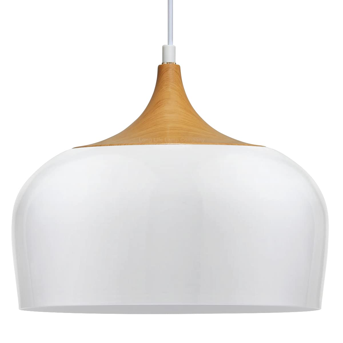 Long Life Lamps Company Nordic Modern Gloss White Ceiling Pendant Light Metal Lamp Shade Wood Effect Detail H3048 from B&Q