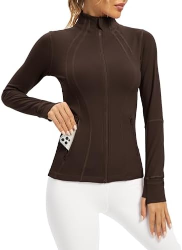 QUEENIEKE Workout Jackets for Women Full Zip Slim Fit Athletic Running Jacket with Thumb Holes (Roasted Brown, M)