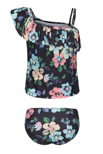 Image of Girls Two Piece Tankini Swimsuits Tie Dye Bathing Suit for Kids One Shoulder Swimwear 3-16 Years