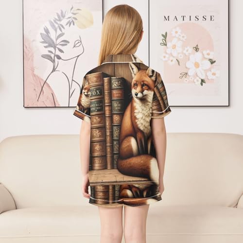 ALAZA Fox Stylish Bookshelf Library Satin Pajamas Set Short Sleeve Button Down Sleepwear Summer Pjs 2 Piece4